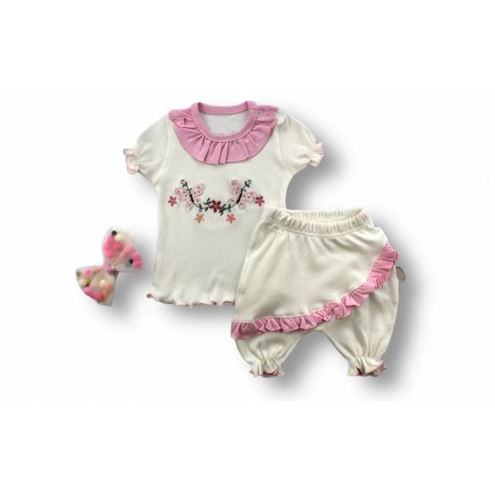 Eterelle 6-9 9-12 12-18 Ay Çiçek Nakışlı Roman Şalvar Bandanalı Kısa Kollu Sweat 3lü Kız Bebek Takımı Pembe