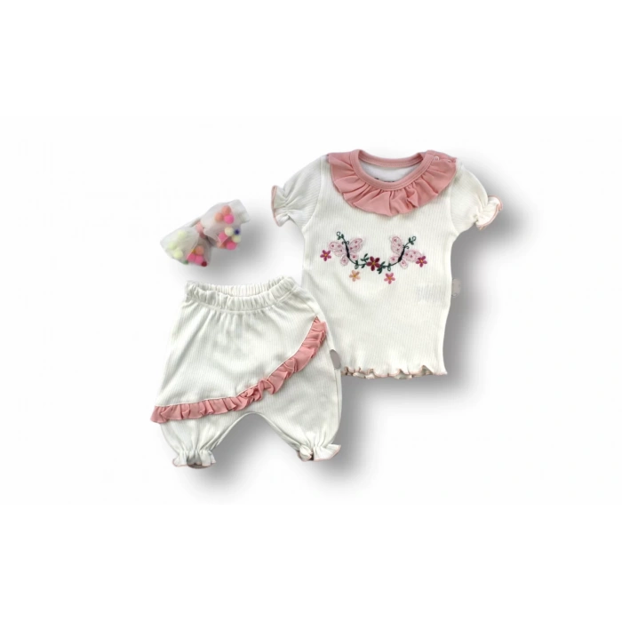 Eterelle 6-9 9-12 12-18 Ay Çiçek Nakışlı Roman Şalvar Bandanalı Kısa Kollu Sweat 3lü Kız Bebek Takımı Pudra
