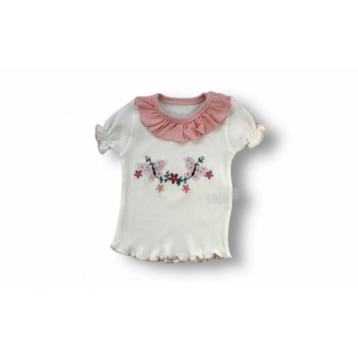 Eterelle 6-9 9-12 12-18 Ay Çiçek Nakışlı Roman Şalvar Bandanalı Kısa Kollu Sweat 3lü Kız Bebek Takımı Pudra