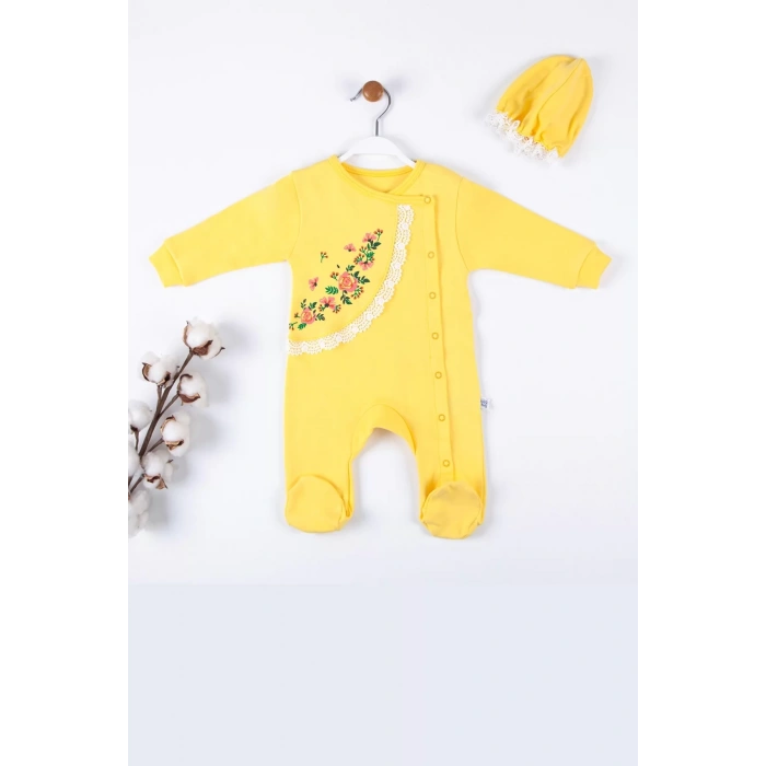 Eterelle Çiçek Nakışlı Şapkalı % 100 Pamuk Kız Bebek Tulumu