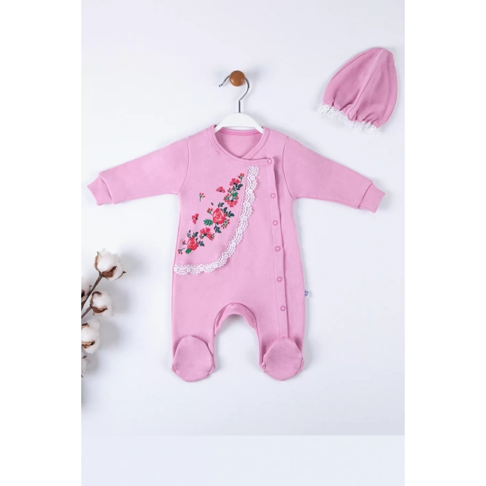 Eterelle Çiçek Nakışlı Şapkalı % 100 Pamuk Kız Bebek Tulumu