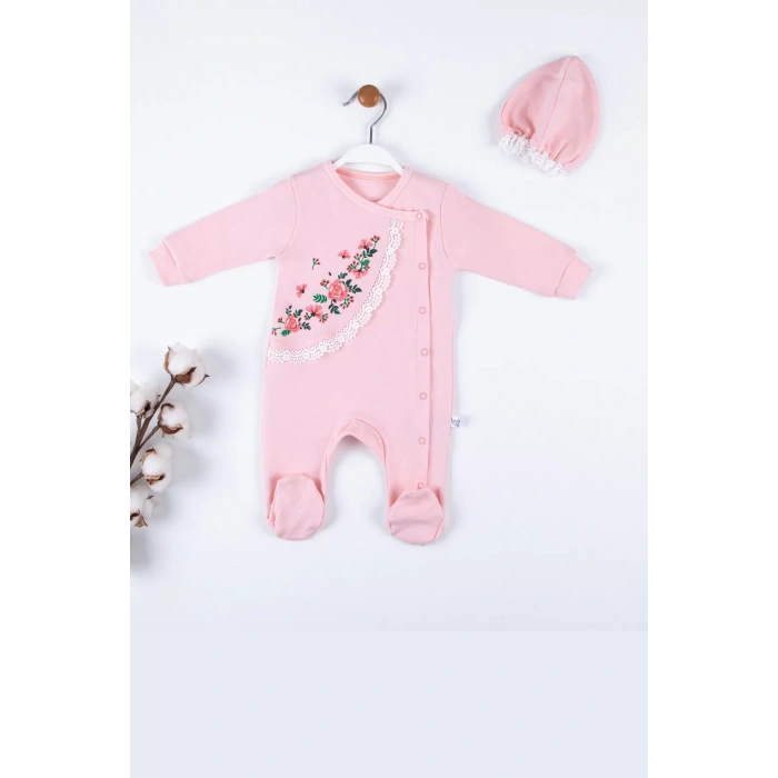 Eterelle Çiçek Nakışlı Şapkalı % 100 Pamuk Kız Bebek Tulumu