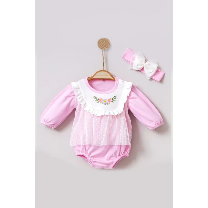 Eterelle Çiçek Nakışlı Tüllü Bandanalı Kız Bebek Romper