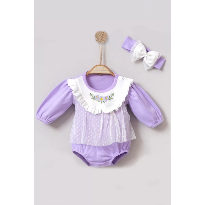 Eterelle Çiçek Nakışlı Tüllü Bandanalı Kız Bebek Romper