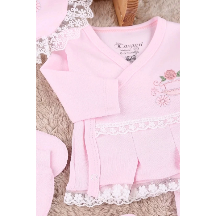 Eterelle Çiçekli Araba Nakışlı Dantelli 5li Kız Bebek Hastane Çıkışı 0-3 Ay