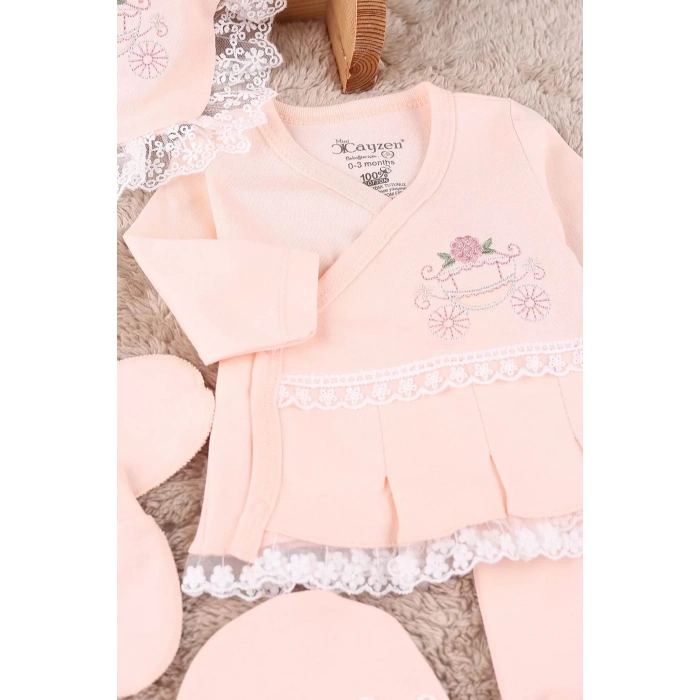 Eterelle Çiçekli Araba Nakışlı Dantelli 5li Kız Bebek Hastane Çıkışı 0-3 Ay