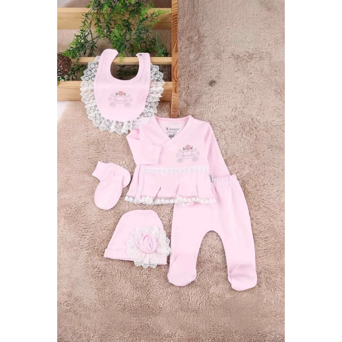 Eterelle Çiçekli Araba Nakışlı Dantelli 5li Kız Bebek Hastane Çıkışı 0-3 Ay