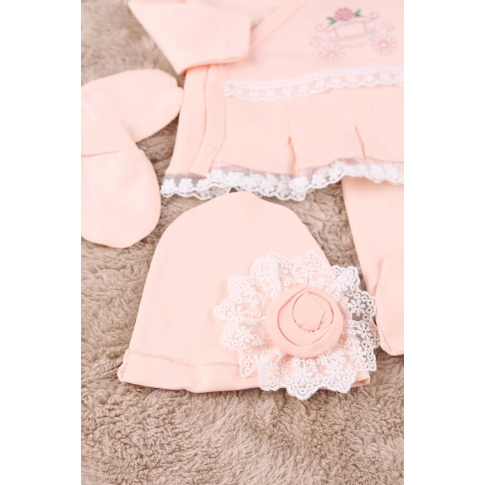 Eterelle Çiçekli Araba Nakışlı Dantelli 5li Kız Bebek Hastane Çıkışı 0-3 Ay