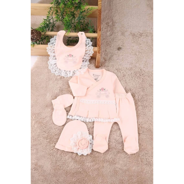 Eterelle Çiçekli Araba Nakışlı Dantelli 5li Kız Bebek Hastane Çıkışı 0-3 Ay