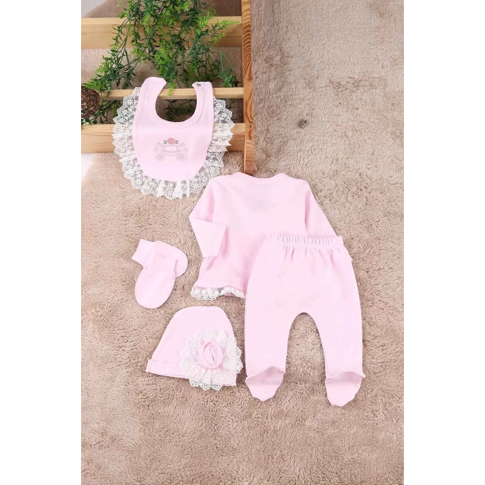 Eterelle Çiçekli Araba Nakışlı Dantelli 5li Kız Bebek Hastane Çıkışı 0-3 Ay