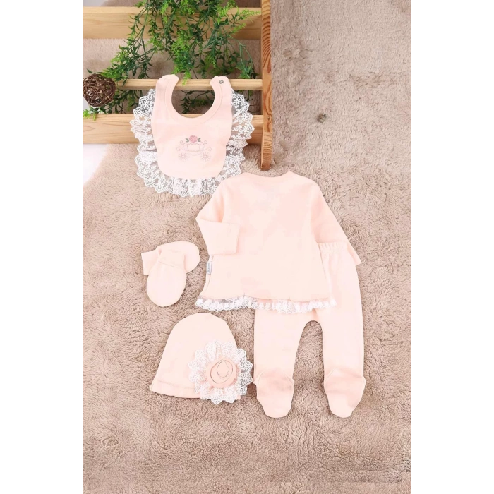 Eterelle Çiçekli Araba Nakışlı Dantelli 5li Kız Bebek Hastane Çıkışı 0-3 Ay