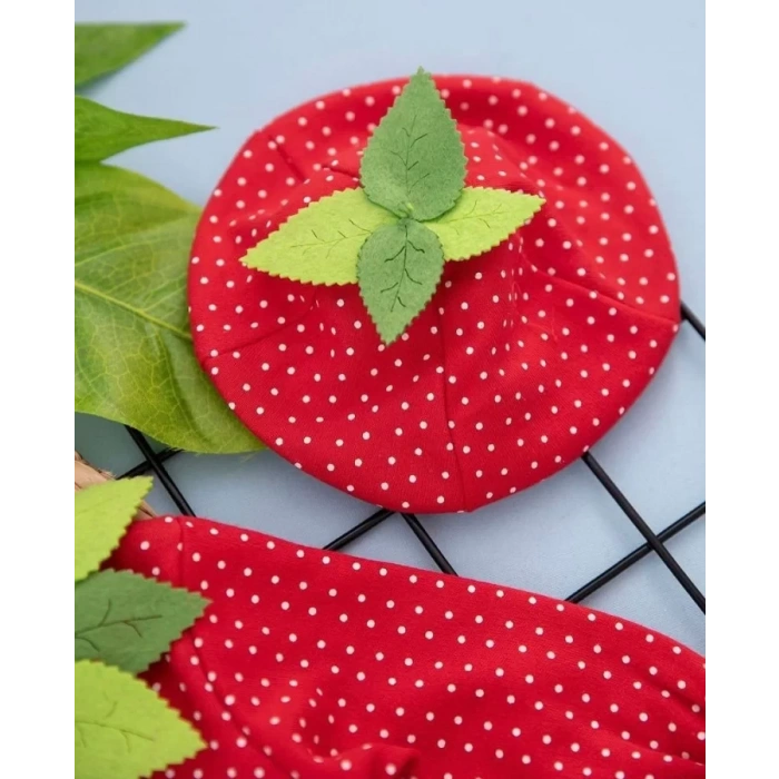 Eterelle 3-6-9 Ay Çilek Bebekler Penye Kumaş Şapkalı Bileklik Hediyeli Uzun Kollu Kız Erkek Bebek Tulumu Kırmızı