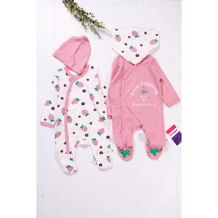 Eterelle Çilek Desenli Kız Bebek 4lü Tulum Seti