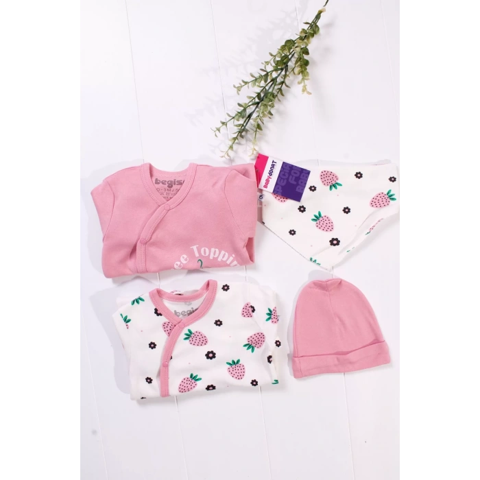 Eterelle Çilek Desenli Kız Bebek 4lü Tulum Seti