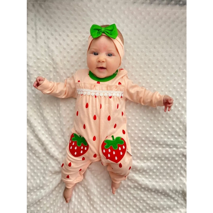 Eterelle Çilek Nakışlı % 100 Pamuk Kız Bebek Tulumu