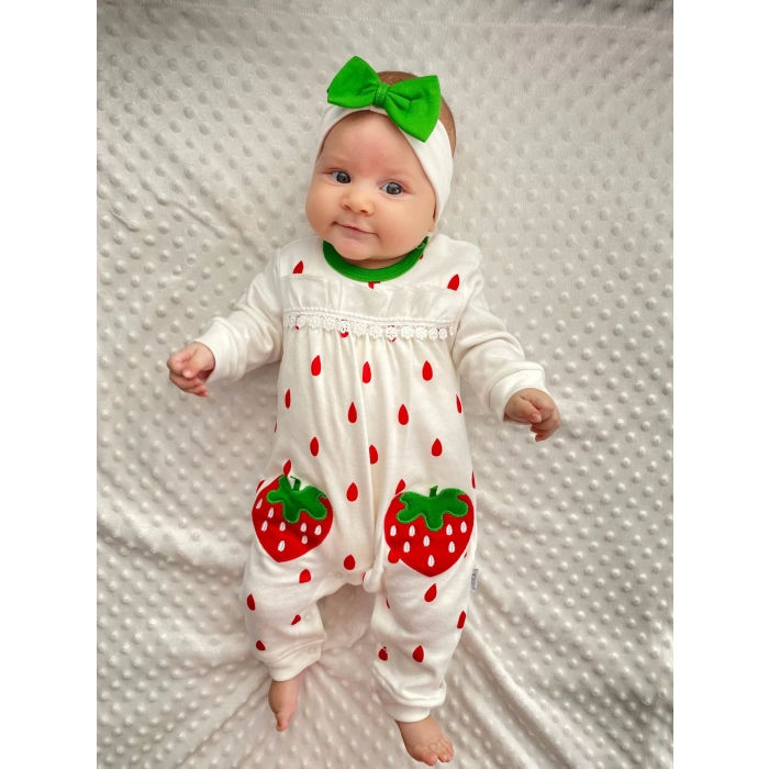 Eterelle Çilek Nakışlı % 100 Pamuk Kız Bebek Tulumu