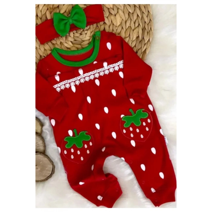 Eterelle Çilek Nakışlı % 100 Pamuk Kız Bebek Tulumu