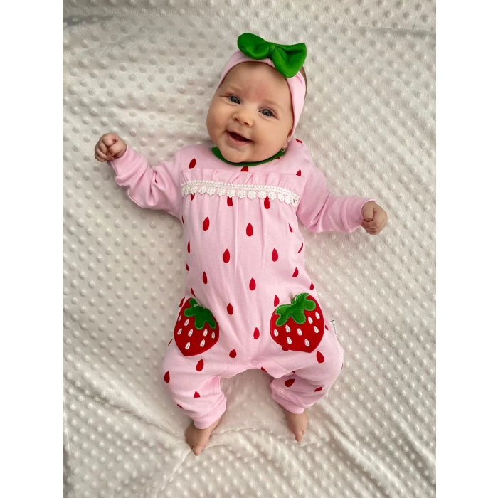 Eterelle Çilek Nakışlı % 100 Pamuk Kız Bebek Tulumu
