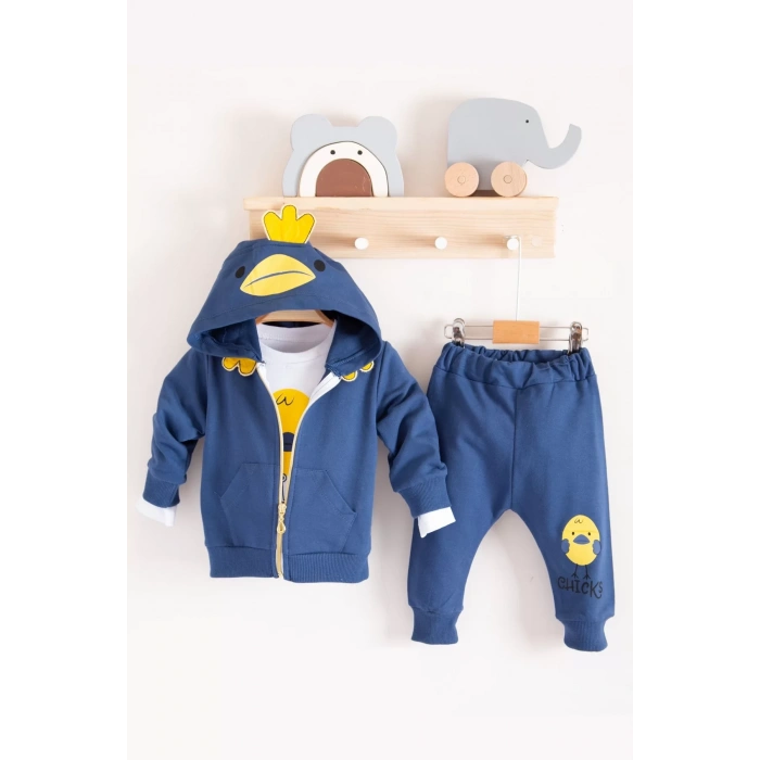 Eterelle Civciv Desenli Kapişonlu 3lü Erkek Bebek Takımı