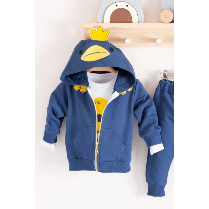 Eterelle Civciv Desenli Kapişonlu 3lü Erkek Bebek Takımı