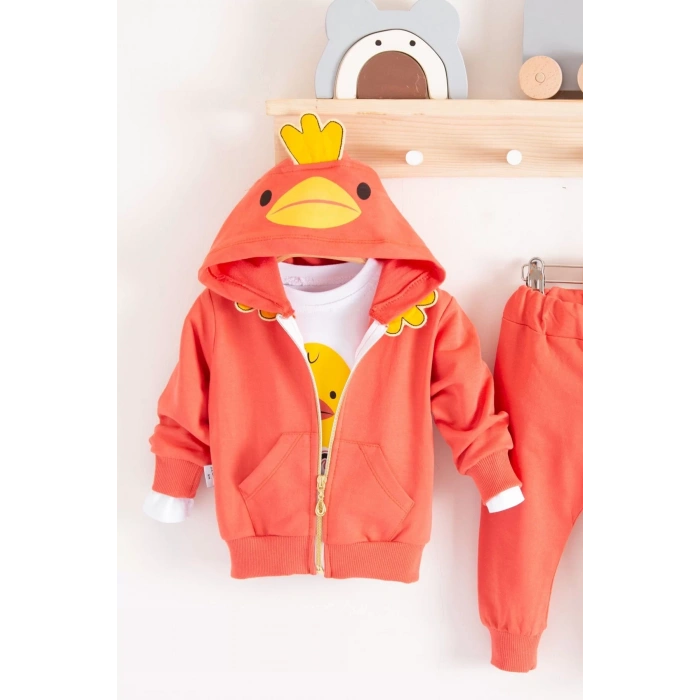 Eterelle Civciv Desenli Kapişonlu 3lü Erkek Bebek Takımı