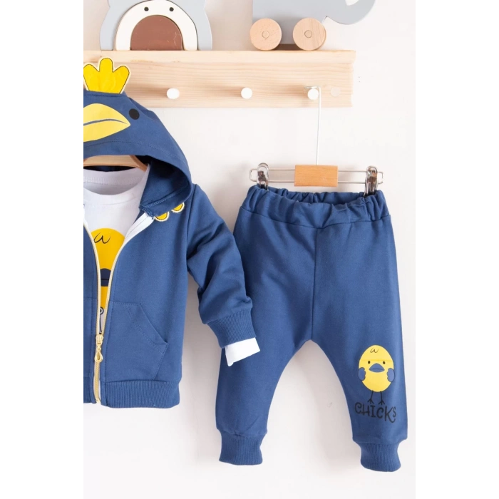 Eterelle Civciv Desenli Kapişonlu 3lü Erkek Bebek Takımı