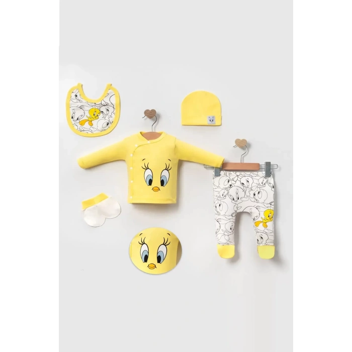 Eterelle Civciv Desenli Yenidoğan 5li Hastane Çıkışı Zıbın Seti %100 Pamuk