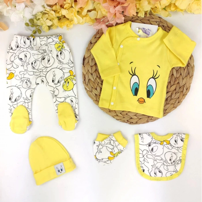 Eterelle Civciv Desenli Yenidoğan 5li Hastane Çıkışı Zıbın Seti %100 Pamuk