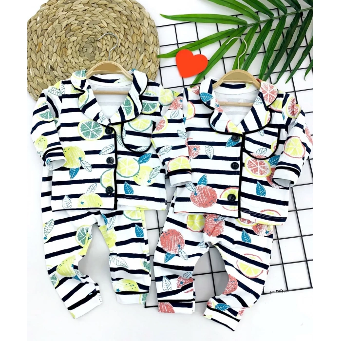 Eterelle 9-12-18-24 Ay Çizgili Meyve Desenli Düğme Kapamalı 2li Kız Erkek Bebek Pijama Takımı Sarı