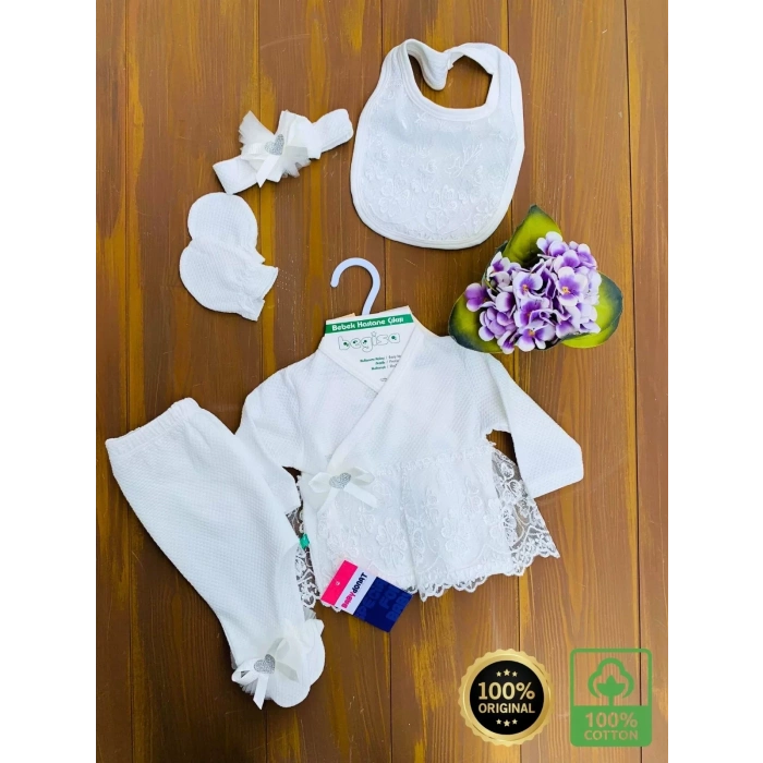 Eterelle Dantel Desenli 0-3 Ay Hastane Çıkışı Seti %100 Pamuk