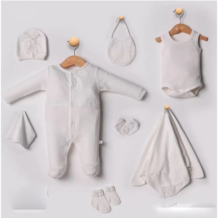 Eterelle Dantel İşlemeli 10 Parça Yeni Doğan Hastane Seti %100 Pamuk