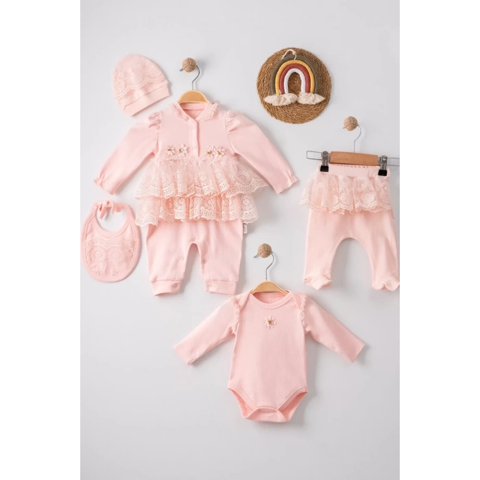 Eterelle Dantel İşlemeli 5li % 100 Pamuklu Kız Bebek Takımı
