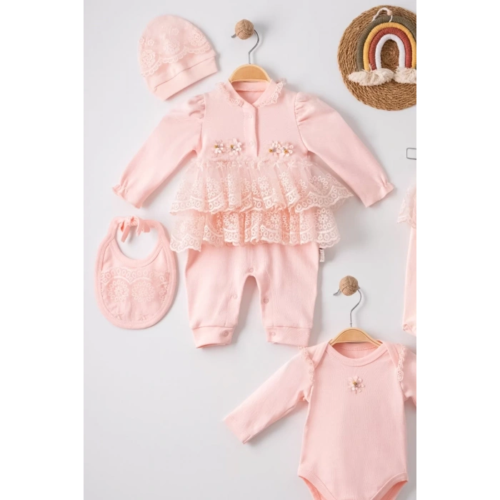 Eterelle Dantel İşlemeli 5li % 100 Pamuklu Kız Bebek Takımı