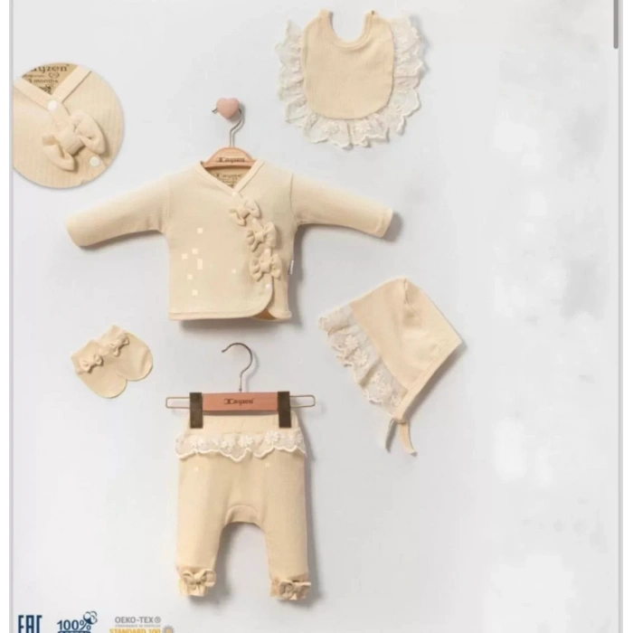 Eterelle Dantelli İşlemeli Kurdaleli 5li Kız Bebek Hastane Çıkışı %100 Pamuk