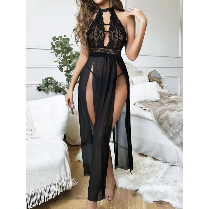 Derin yırtmaçlı büyük beden siyah fantezi gecelik