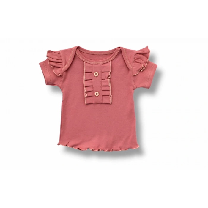 Eterelle 3-6 6-9 9-12 12-18 Ay Düğme Detaylı Bandanalı Kısa Kollu Sweat 3lü Kız Bebek Takımı Gül Kurusu