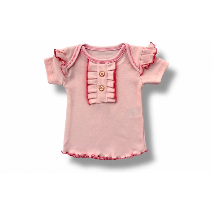 Eterelle 3-6 6-9 9-12 12-18 Ay Düğme Detaylı Bandanalı Kısa Kollu Sweat 3lü Kız Bebek Takımı Pudra