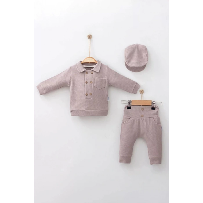 Eterelle Düğmeli Lüx % 100 Pamuk Şapkalı 3lü Erkek Bebek Takım