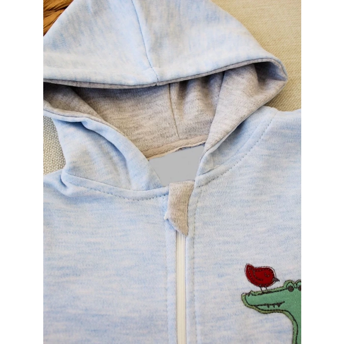 Eterelle 6-9 9-12 Ay Ef Çizgi Boy Fermuarlı Hayvanlar Alemi Nakışlı Kapşonlu Kız Erkek Bebek Tulumu Mavi