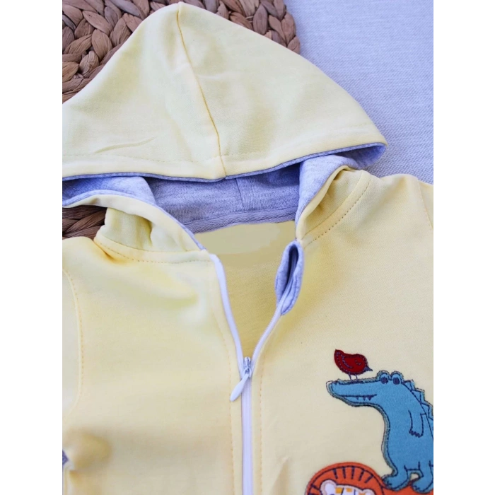 Eterelle 6-9 9-12 Ay Ef Çizgi Boy Fermuarlı Hayvanlar Alemi Nakışlı Kapşonlu Kız Erkek Bebek Tulumu Sarı