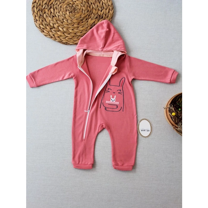 Eterelle 6-9 9-12 Ay Ef Çizgi Boy Fermuarlı Tavşan Nakışlı Kapşonlu Kız Erkek Bebek Tulumu Gül Kurusu