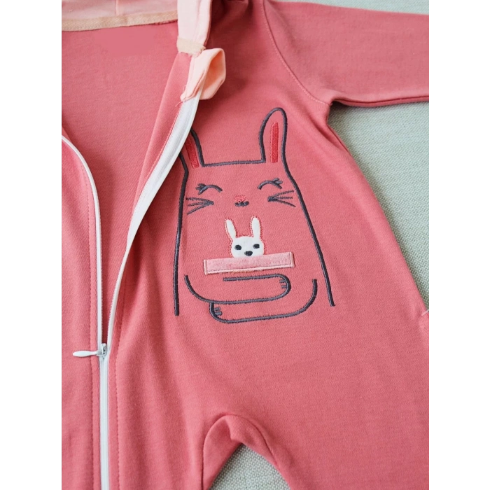 Eterelle 6-9 9-12 Ay Ef Çizgi Boy Fermuarlı Tavşan Nakışlı Kapşonlu Kız Erkek Bebek Tulumu Gül Kurusu