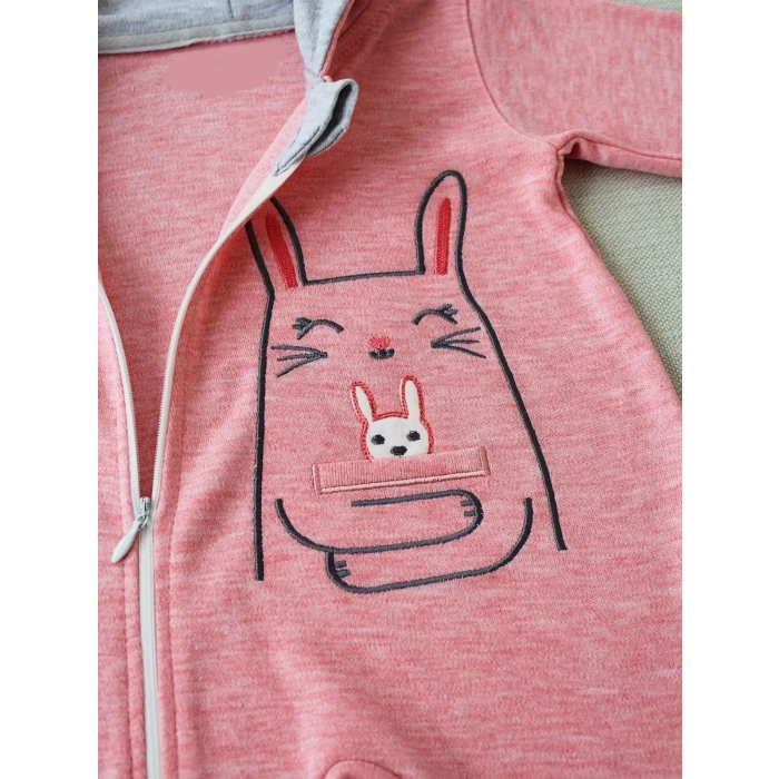 Eterelle 6-9 9-12 Ay Ef Çizgi Boy Fermuarlı Tavşan Nakışlı Kapşonlu Kız Erkek Bebek Tulumu Pembe