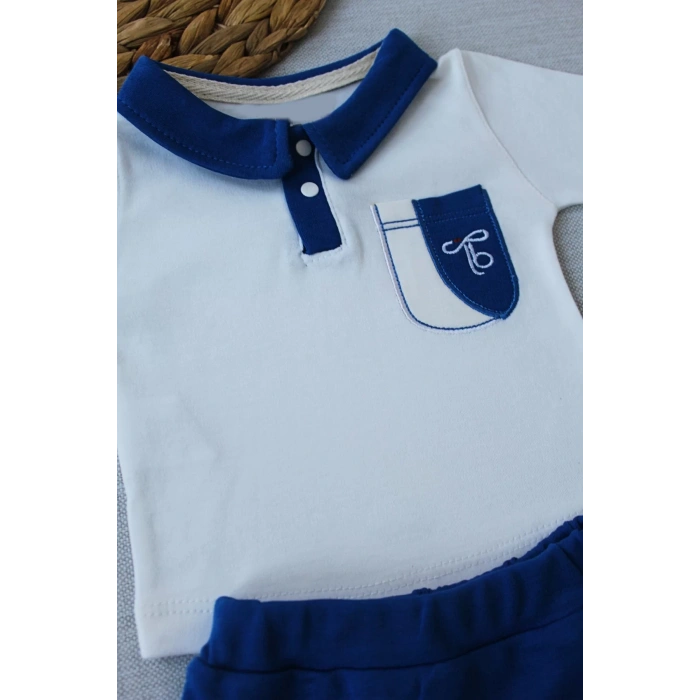 Eterelle 3-6 6-9 9-12 Ay Efendi Nakışlı Cep Şapkalı Uzun Kollu Sweat 3lü Erkek Bebek Takımı İndigo