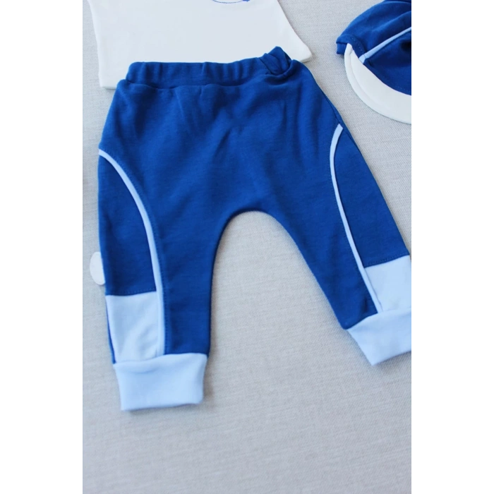 Eterelle 3-6 6-9 9-12 Ay Efendi Nakışlı Cep Şapkalı Uzun Kollu Sweat 3lü Erkek Bebek Takımı İndigo