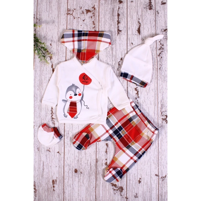 Eterelle Ekoseli Penguen Desenli Fularlı 5li Erkek Hastane Çıkışı