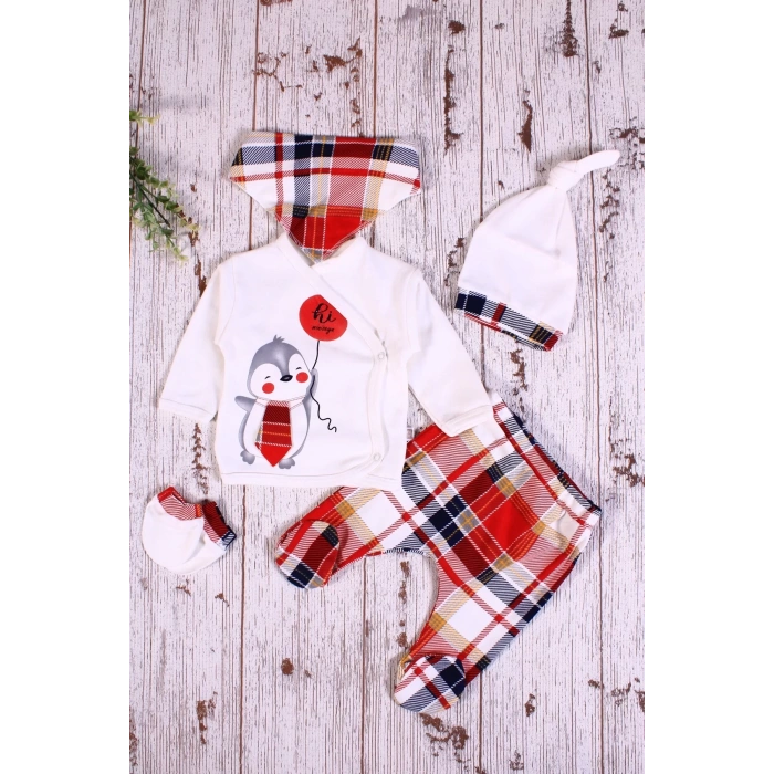 Eterelle Ekoseli Penguen Desenli Fularlı 5li Erkek Hastane Çıkışı