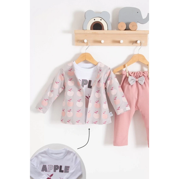 Eterelle Elma Desenli Ceketli 3lü Kız Bebek Takımı