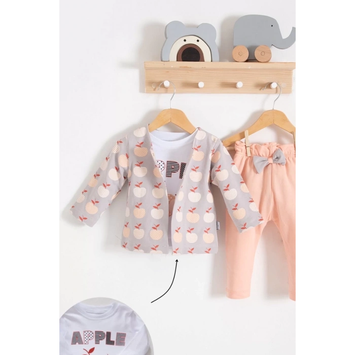 Eterelle Elma Desenli Ceketli 3lü Kız Bebek Takımı