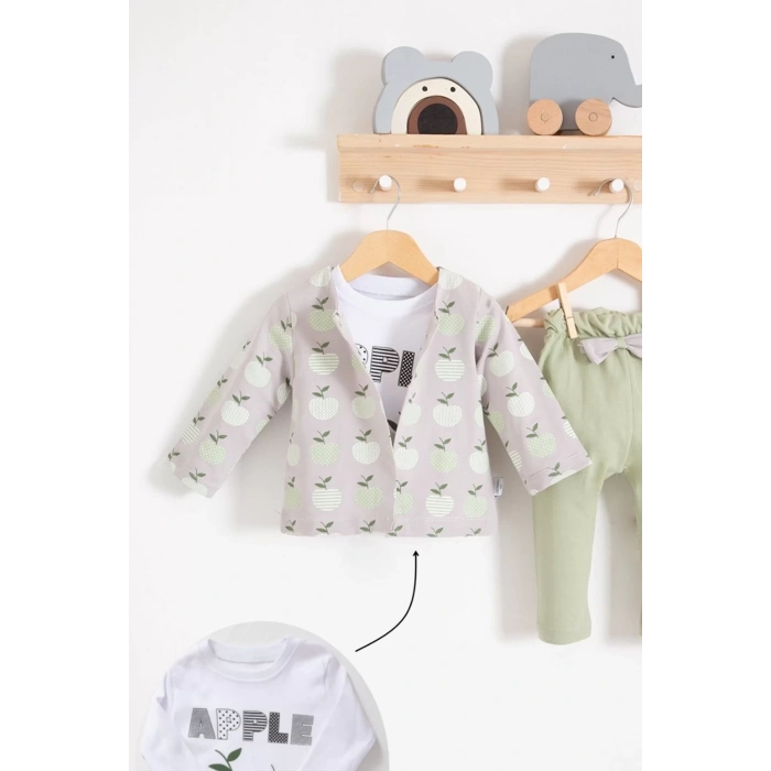 Eterelle Elma Desenli Ceketli 3lü Kız Bebek Takımı